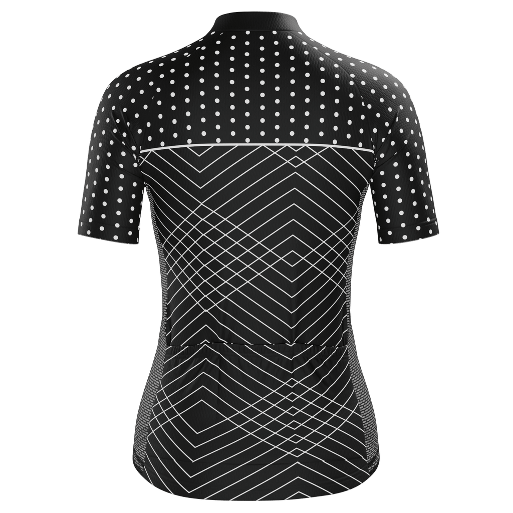 Women's White Polka Dots on Black Zigzag Short Sleeve Cycling Jersey