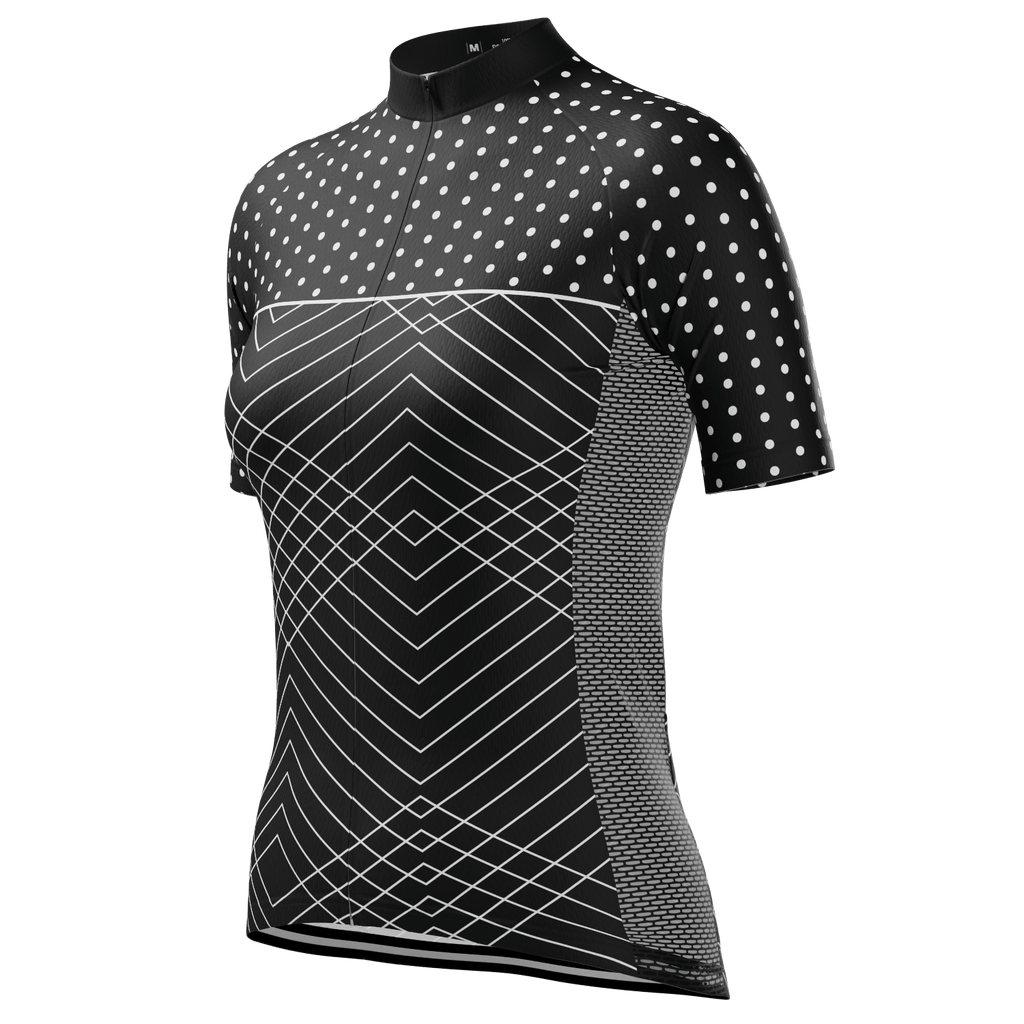Women's White Polka Dots on Black Zigzag Short Sleeve Cycling Jersey