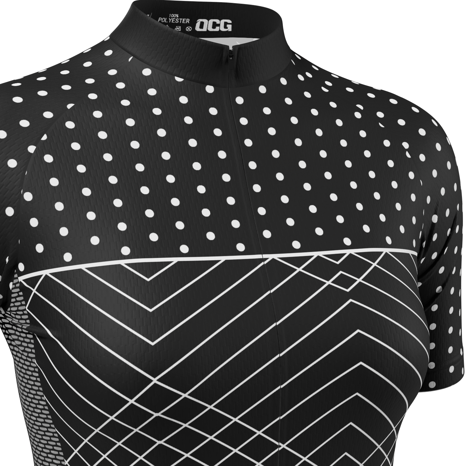 Women's White Polka Dots on Black Zigzag Short Sleeve Cycling Jersey