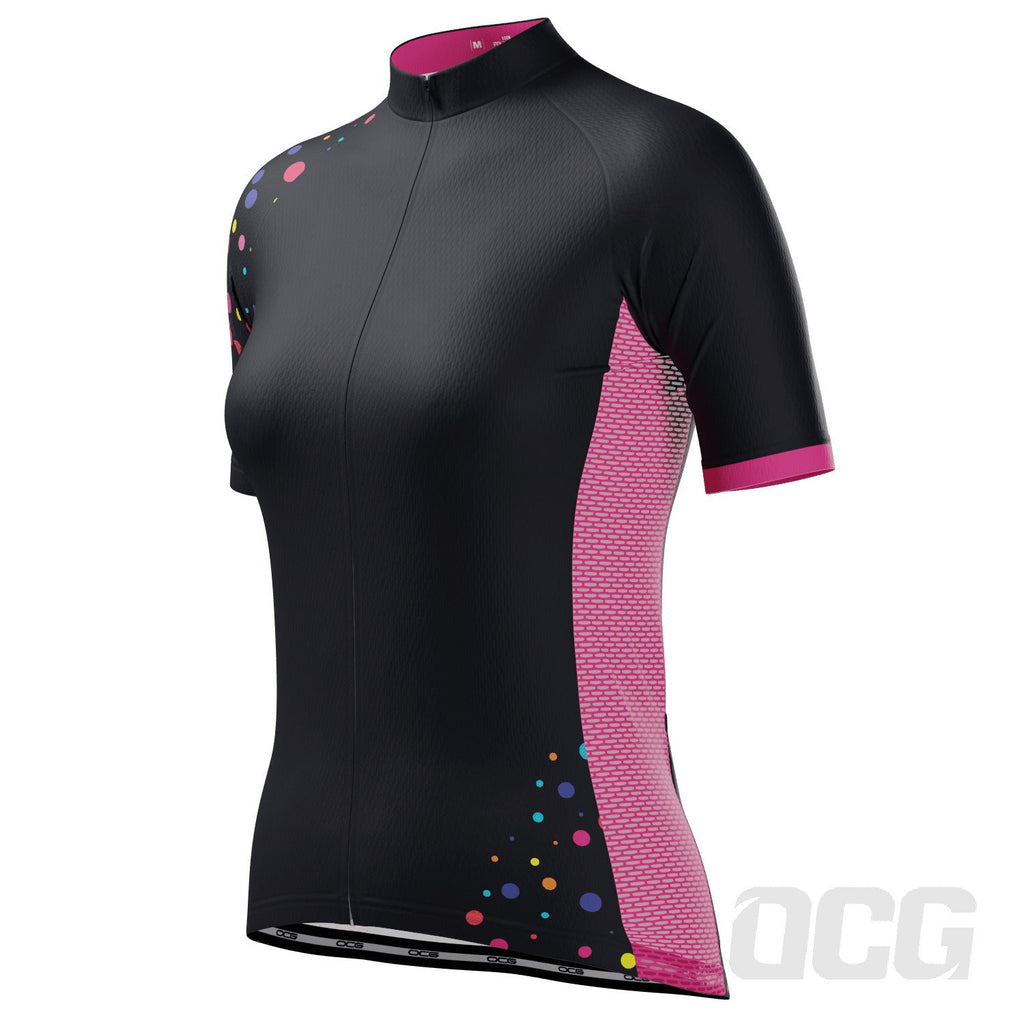 Women's Rainbow Polka Dots On Black Short Sleeve Cycling Jersey