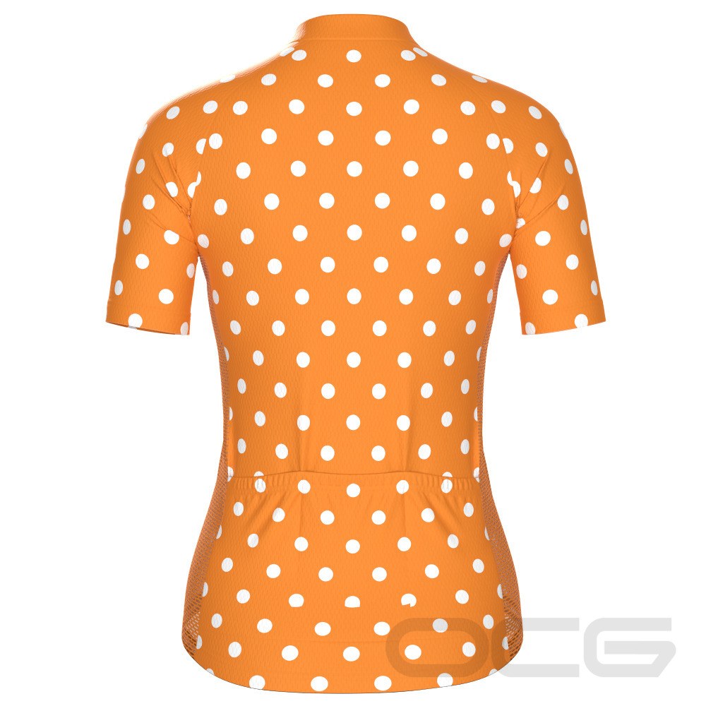 Women's High Viz White Polka Dots on Orange Short Sleeve Cycling Jersey