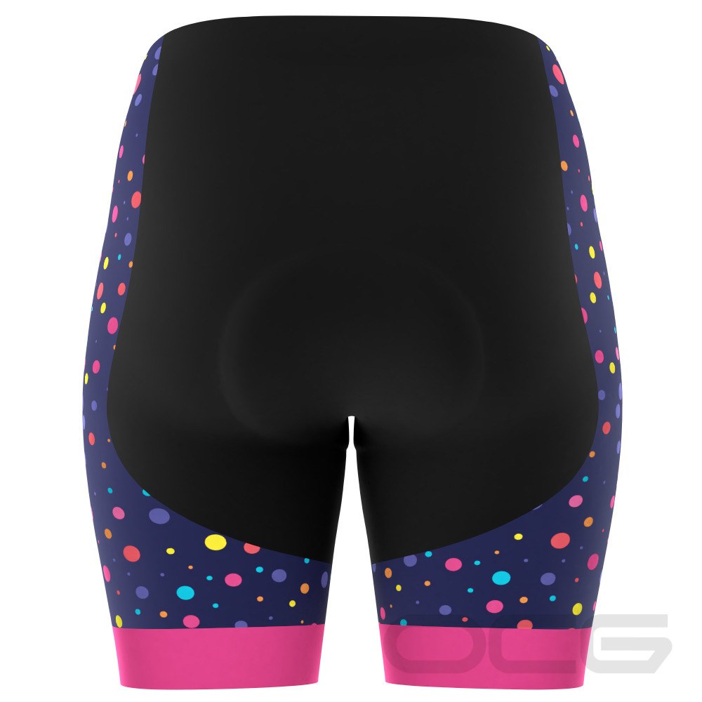 Women's Rainbow Polka Dots on Blue Gel Padded Cycling Shorts