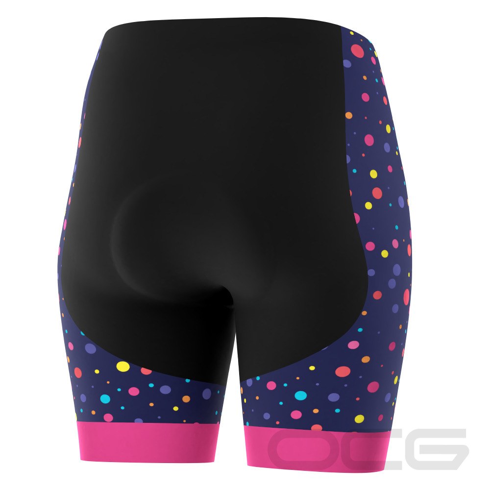 Women's Rainbow Polka Dots on Blue Gel Padded Cycling Shorts