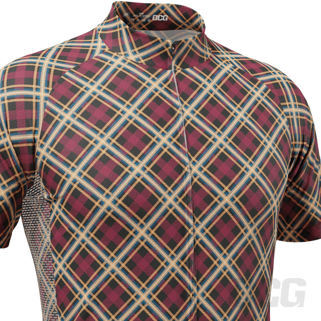 Men's Red Plaid Checkered Short Sleeve Cycling Jersey
