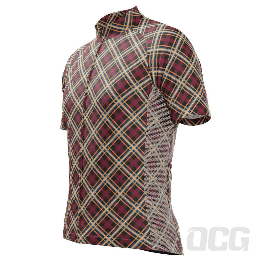 Men's Red Plaid Checkered Short Sleeve Cycling Jersey